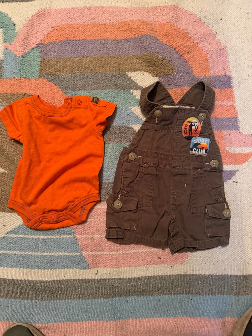 OshKosh B'gosh Baby NB Green Cotton Canvas Shortall Overalls Surf Patch Pockets